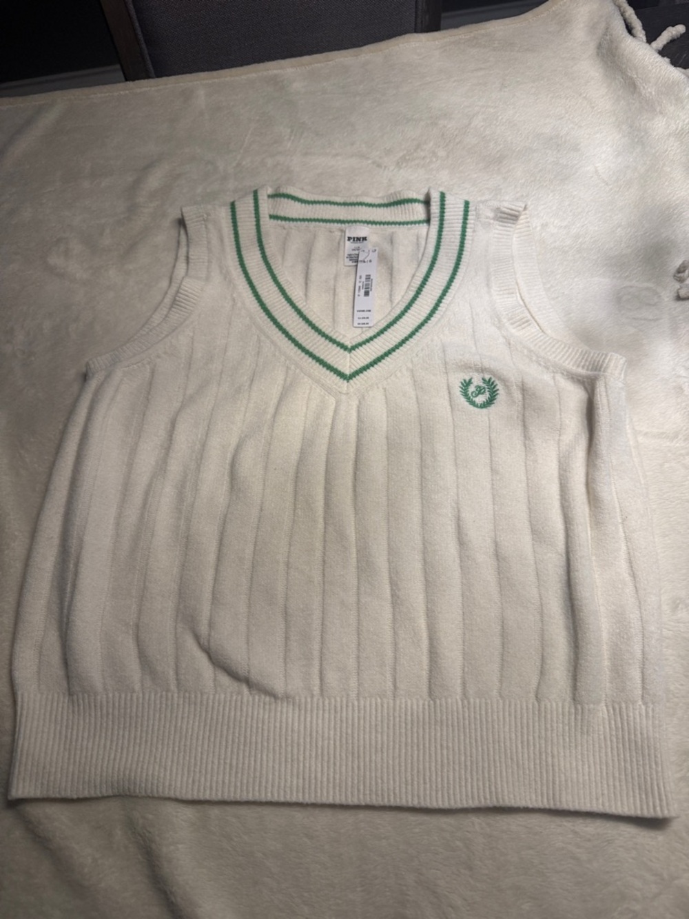 PINK Victoria's Secret White Knit V-Neck Vest with Green Trim